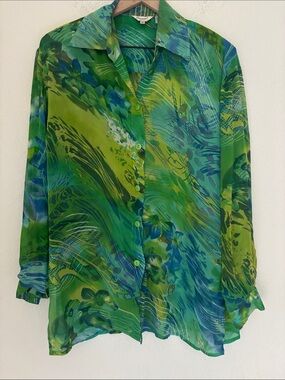 VIntage DORMAN oversized silk Sheer Green & Blue Floral Button-Up Blouse size m